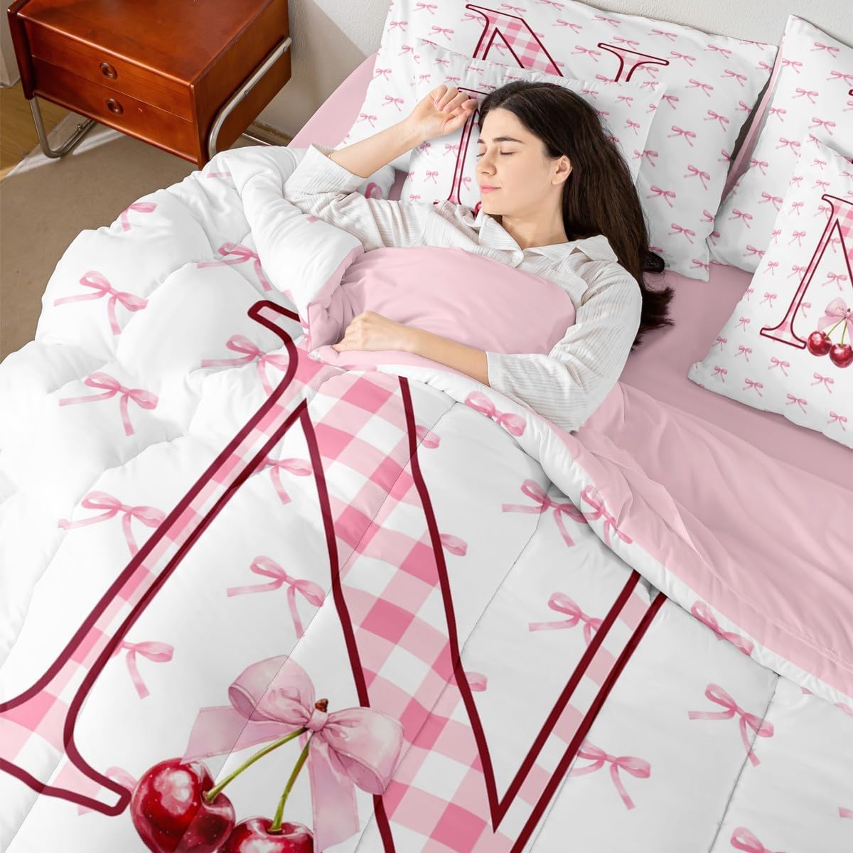 Erosebridal Cherry Bow 7 Piece Comforter Set Twin Initial N Letter Bowknot Bed in A Bag Dreamy Pink Plaid Bow Tie Bedding Sets for Kids Girls Monogrammed Princess Style Sheet Set with Comforter