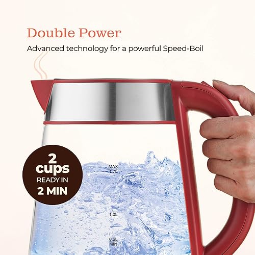 Miniatura 4 de Speed-Boil - Hervidor eléctrico para agua de 1.7 L y 1500 W, hervidor de café y té de vidrio de borosilicato, apertura amplia, apagado automático,