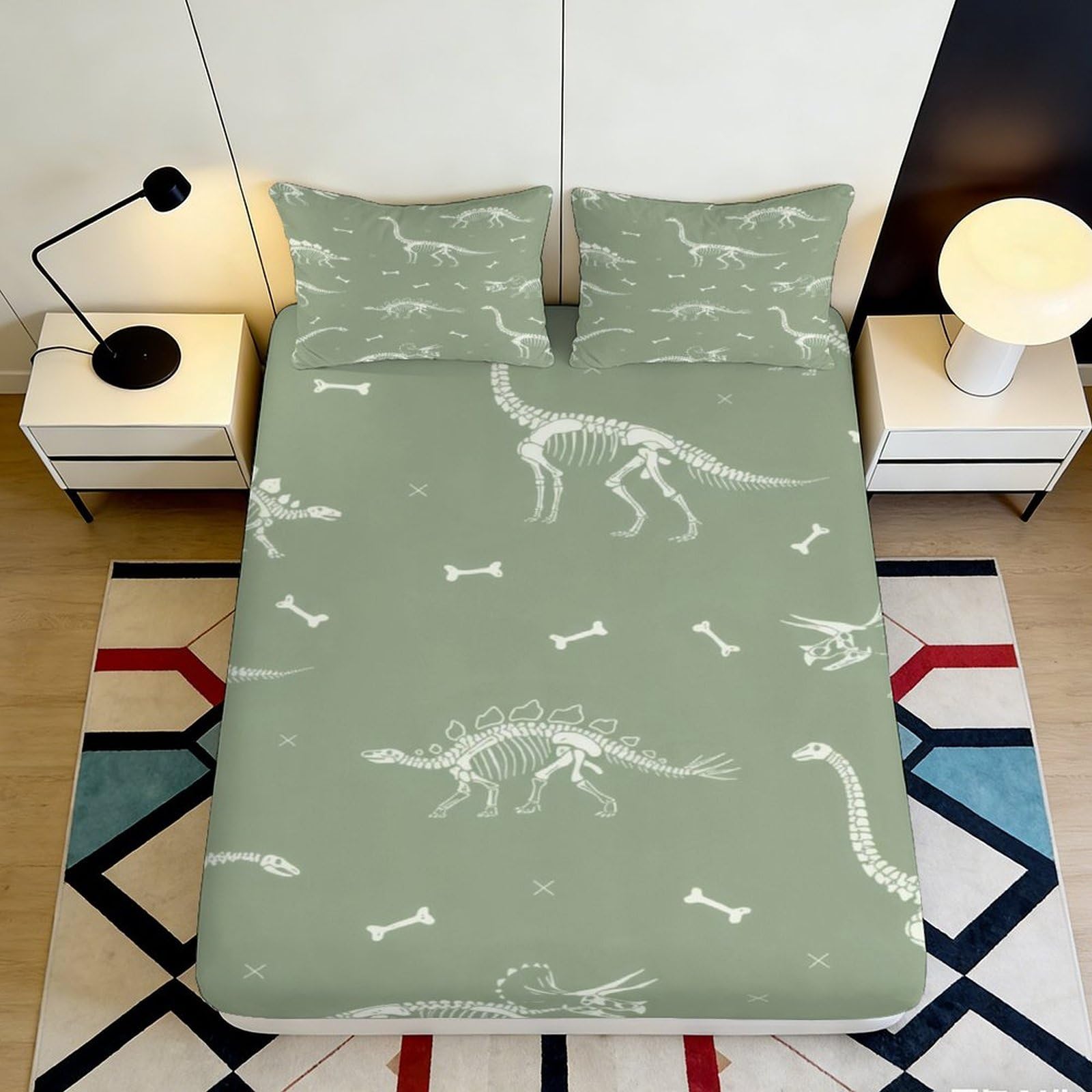 Pnayamiorkfel Style-10 3D Printed Dinosaur Skeleton Fitted Sheet Microfiber Soft Green Bed Cover For Bedroom Dorm Guest Mattress Decor 90X200x25cm