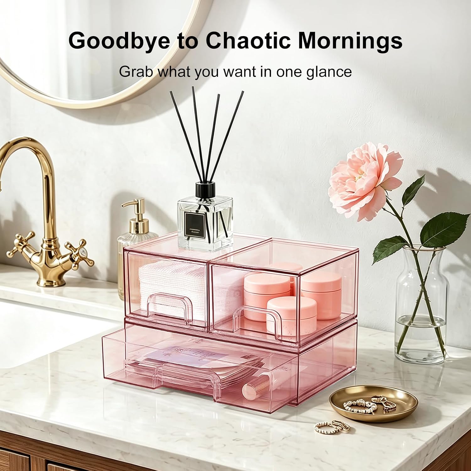 3 Pcs Stackable Storage Drawers, Clear Baby Bottle Organizer Bins, Beauty Supplies Storage, Ideal for Kichen Countertop, Vanity, Bathroom (2 Small+1 Wide)