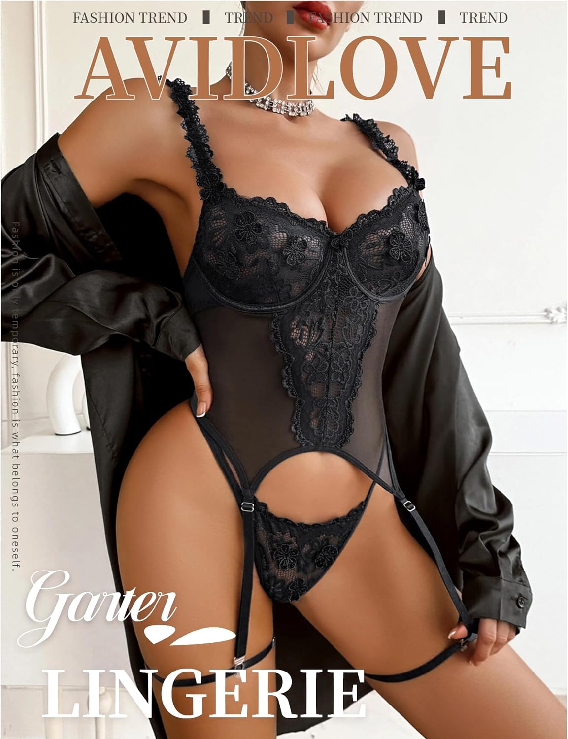 Avidlove Lingerie for Women Underwire Corset and Panty Outfits Push up Embroidered Lace Lingerie with Garter Belt - Image 3