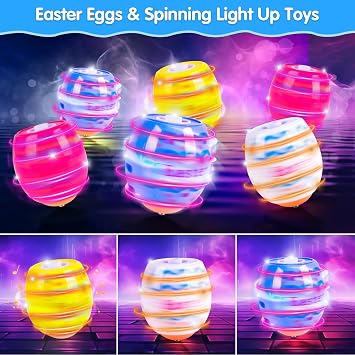 Easter Eggs Toys, 6-Pack Light Up Easter Basket Stuffers, Lighting, Singing, Spinning Tops, Party Favors, Plastic Eggs Toy, Gifts for Kids Toddler 3+ Boys Girls
