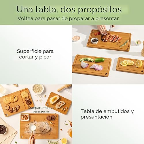 Miniatura 3 de Tabla de cortar de bambú, tablas de cortar de madera duradera para cocina con ranuras profundas para jugos y asas integradas, embutidos y picado
