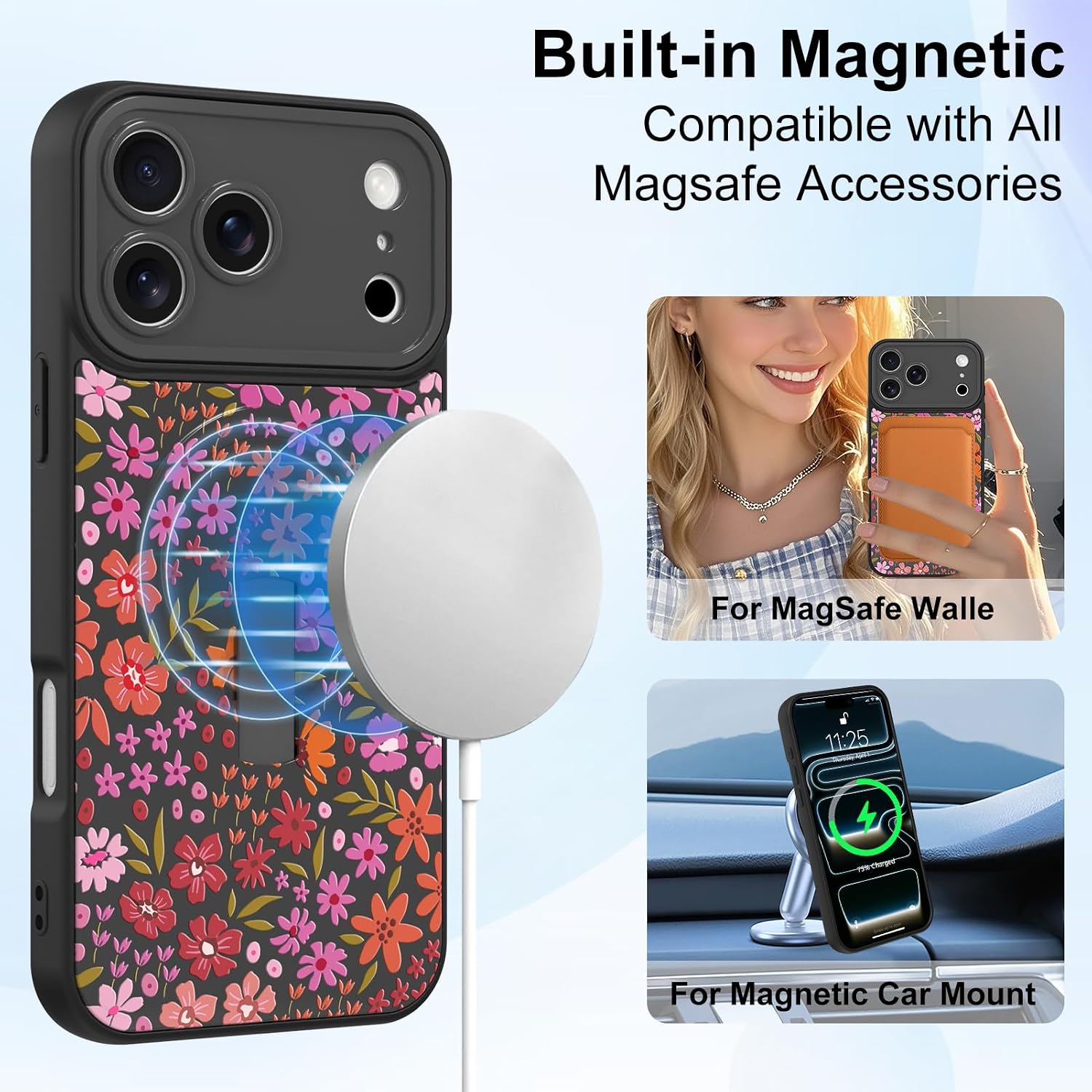 juaes Magnetic for iPhone 17 Pro Case with Finger Strap Kickstand, Compatible with Magsafe, Aesthetic Floral Wild Flowers Design Phone Case , Full Camera Protection Cover for Women Girls - Black