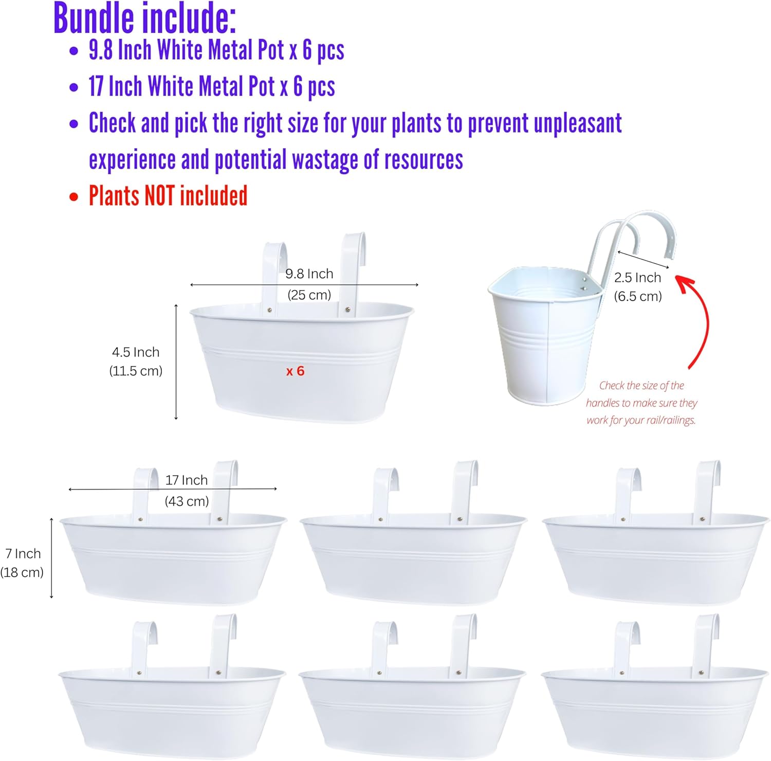 LaLaGreen Bundle- 6-Pack, 9.8 Inch + 6-Pack, 17 Inch White Metal Pot Hanging Flower Planter Herb Boxes with Hook Modern Boho Style Railing Fence Deck Outdoor Balcony Wall Mount Porch Home Garden Decor
