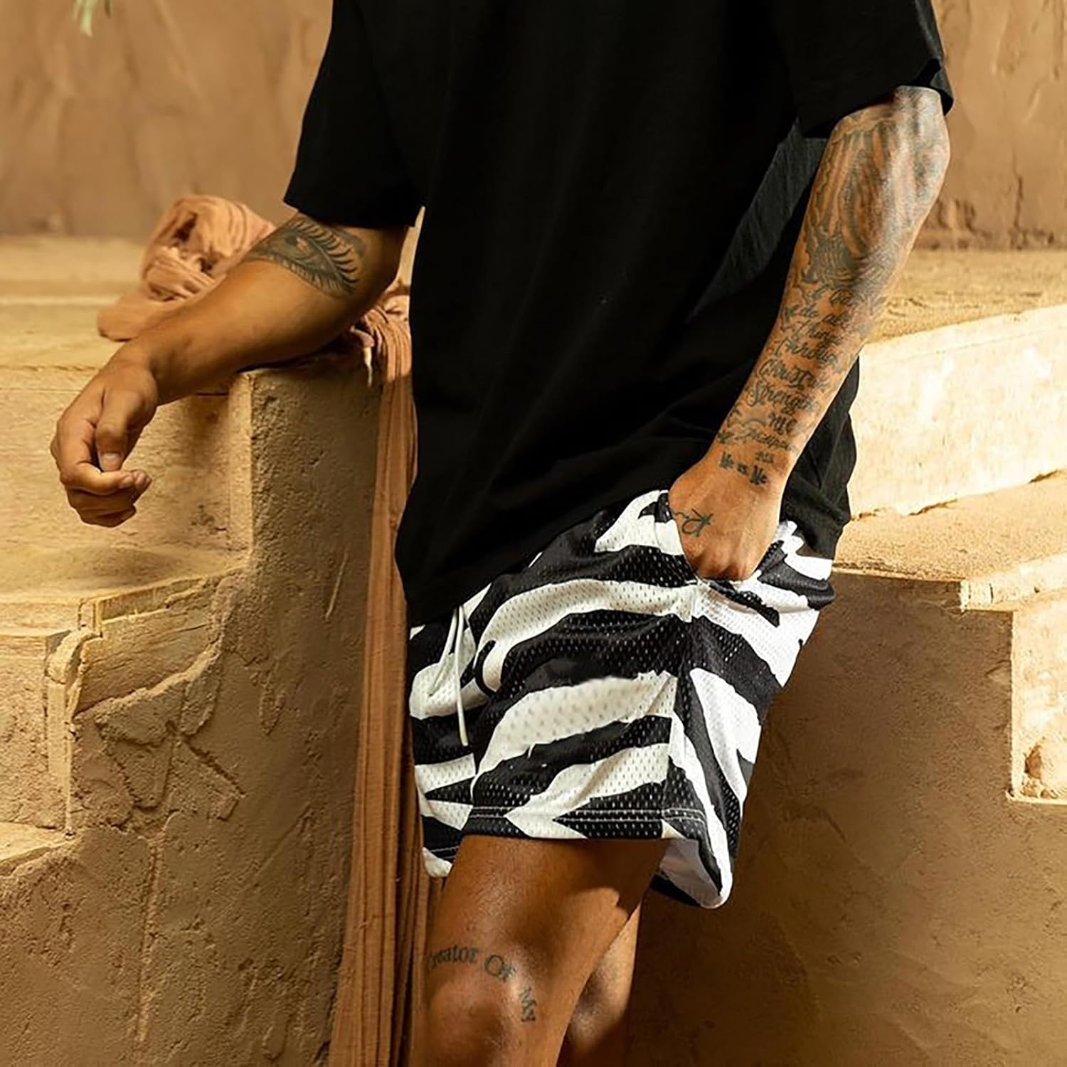 MECH-ENG Men's Retro Animal Print Snake Brown Mesh Shorts (Medium) - Image 6