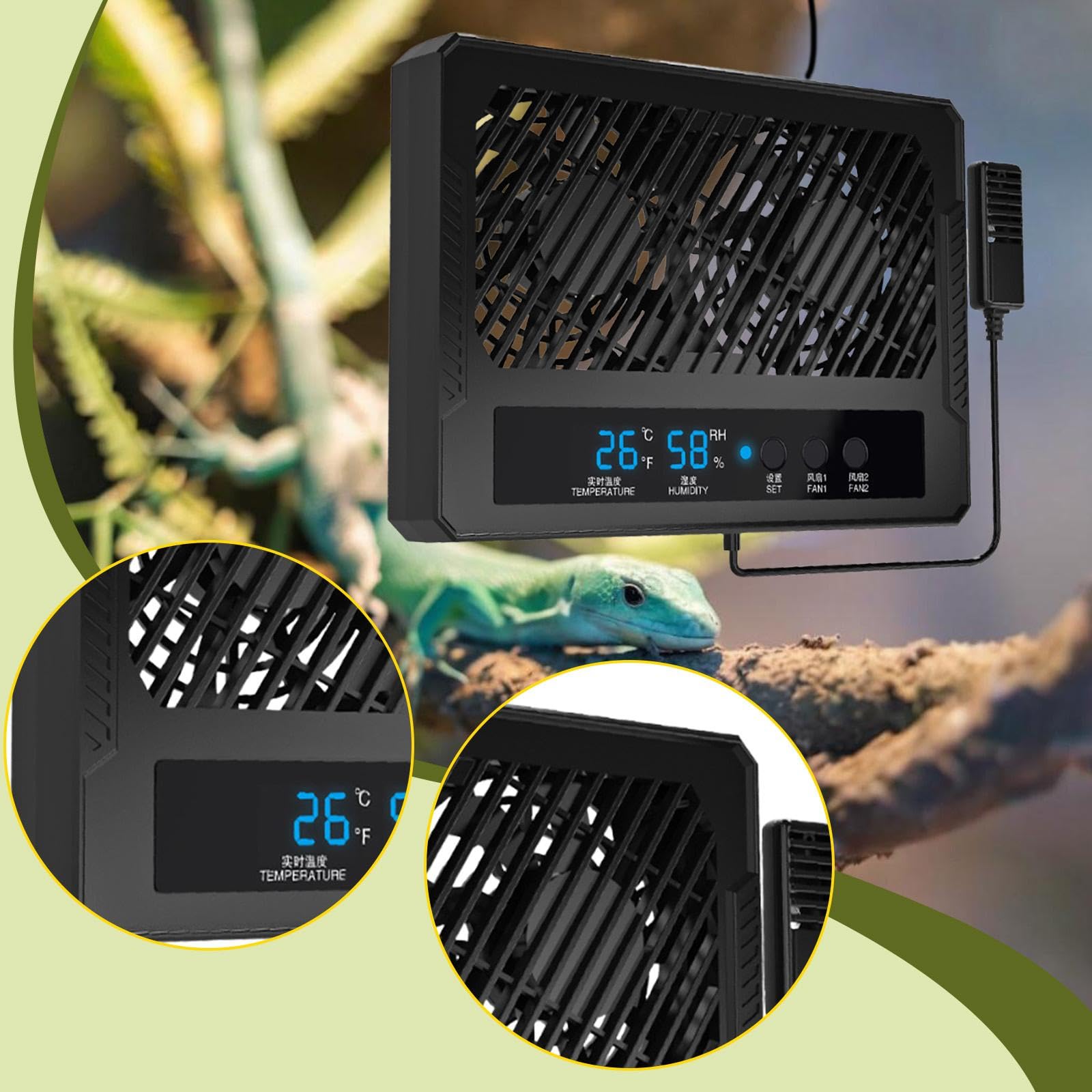 Ventilatore per Terrario per Rettili, Deumidificatore, Doppia Ventola, Termometro E Igrometro per