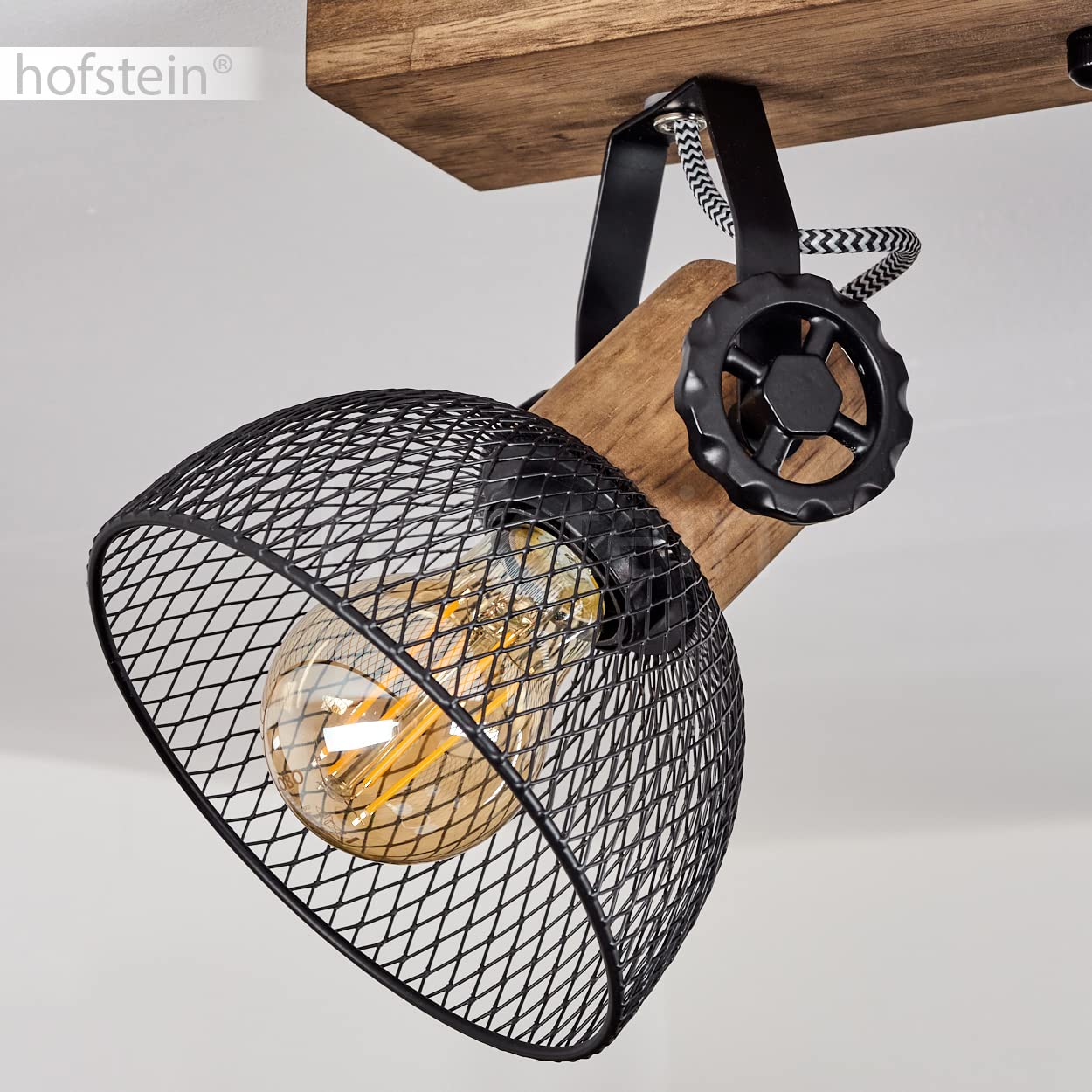 Lampa sufitowa Orny, z drewna/metalu w kolorze brązowym/czarnym z kloszami z siatki optycznej, lampa z drewnianymi belkami, przewodami z tkaniny i regulowanymi reflektorami, E27, bez żarówek