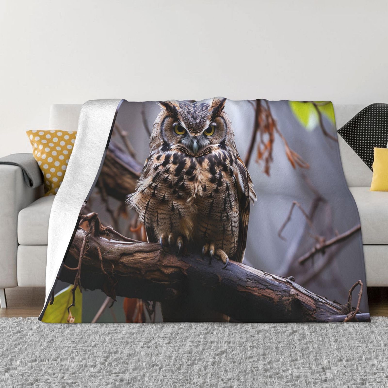 Fodpand Black Owl On A Branch Flannel Blanket 80"X60" - Ultra-Soft Lightweight Throw Blanket For Bed, Sofa, And Couch - Luxury Air Conditioning Blankets - Cozy Warm Blankets For All Seasons
