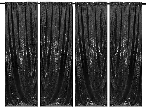 Cortinas de fondo de lentejuelas negras, 4 paneles de 2 x 8 pies, fondo brillante para cumpleaños, novia, decoración de Halloween