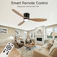 Vista 2 de reiga 52" Natural Wood Ceiling Fan with Light and Remote, 3 Blade Flush Mount Low Profile Ceiling Fan for Bedrooom Living Room, Quiet DC Motor