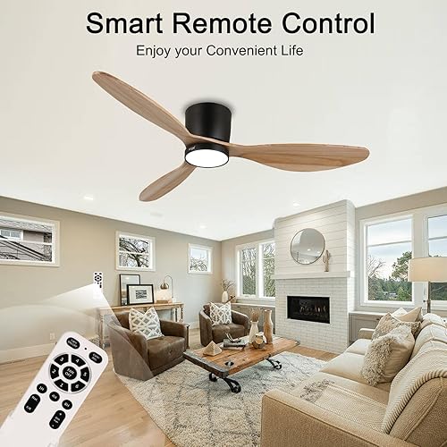 Miniatura 2 de reiga 52" Natural Wood Ceiling Fan with Light and Remote, 3 Blade Flush Mount Low Profile Ceiling Fan for Bedrooom Living Room, Quiet DC Motor