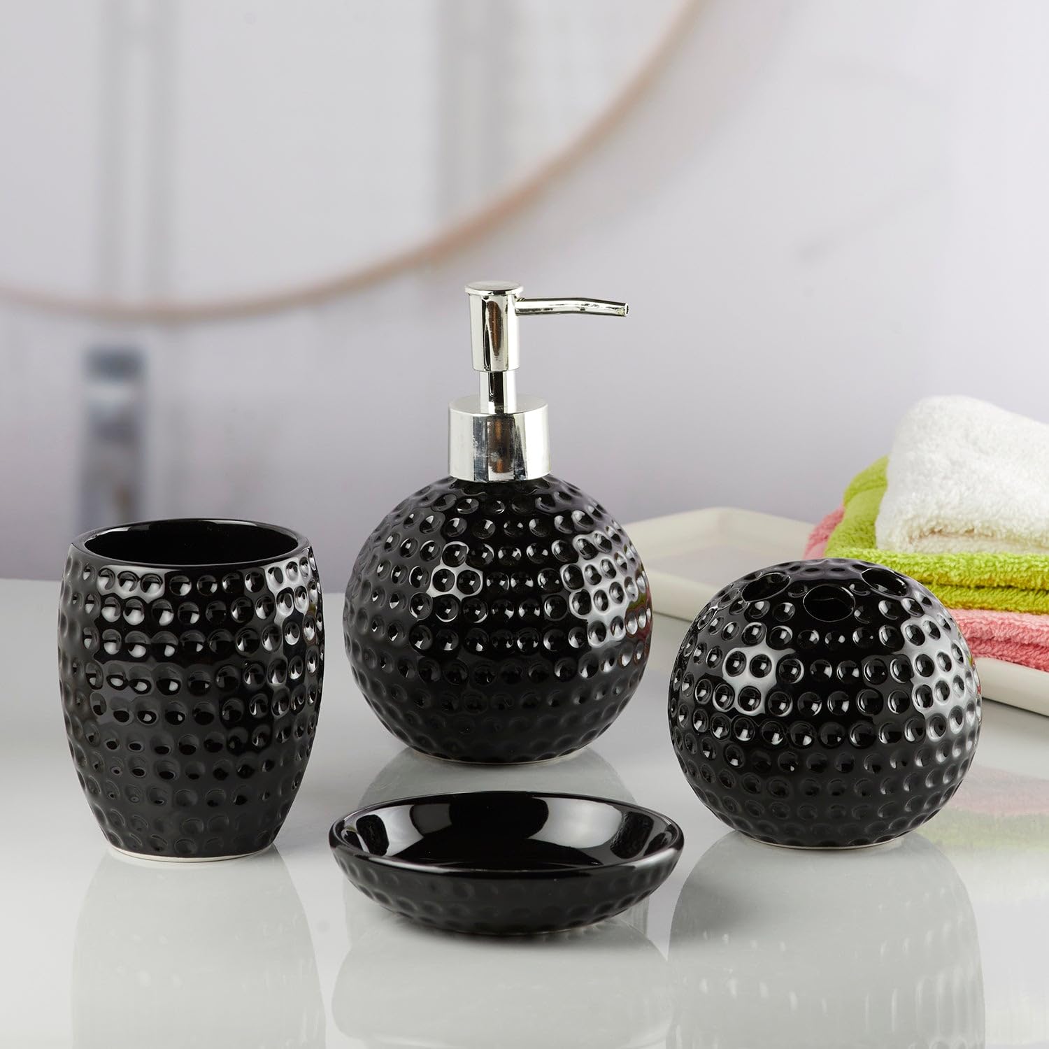 SaSaSa Ceramic Bathroom Accessories Set of 4 Modern Bath Set with Soap Dispenser & Toothbrush Holder, Luxury Home & Gift Idea, Black (10240) 2