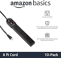 Vista 2 de Yaxa Basics Surge Protector Power Strip, 6-Outlet, 790 Joules, LED Indicator, 6ft Extension Cord, 10-Pack , Black
