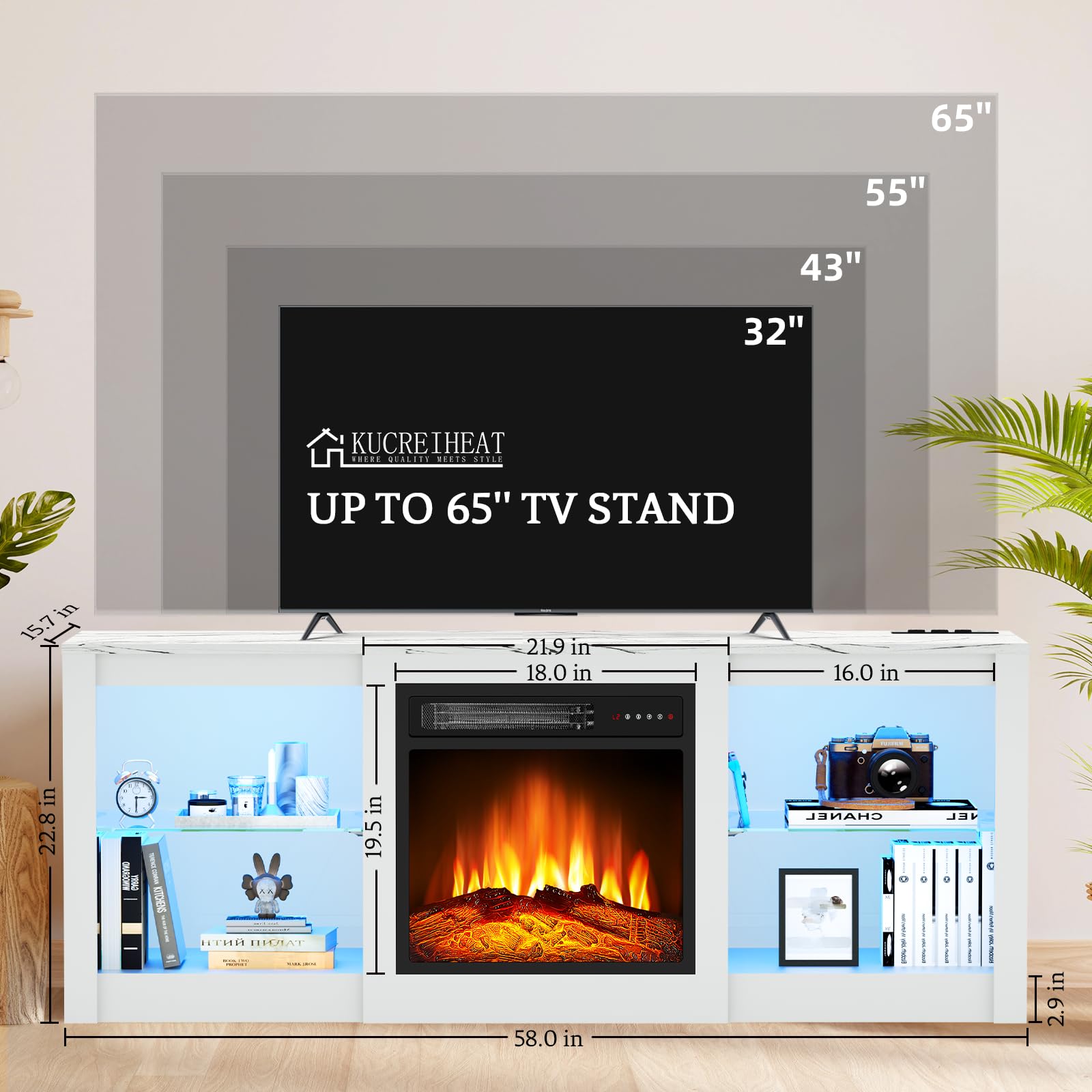 Kucreiheat 58'' TV Stand with 18'' Fireplace-Entertainment Center with LED & Outlet for 65 inch TV-White TV Cabinet with Adjustable Glass Shelves, Modern TV Console for Living Room/Bedroom