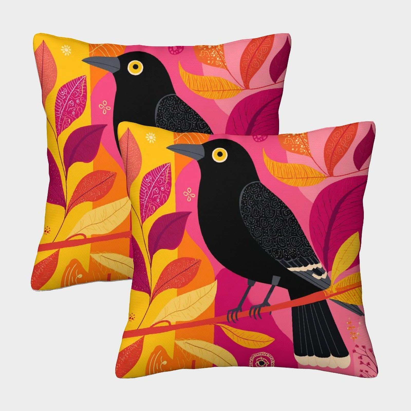 kaiyun 2 Pack Black Australian Magpie Robin, Abstract Jungle Foliage Pillowcase 50x50cm, Cushion Cover,3D Digital Printing Bed Sofa Decorative