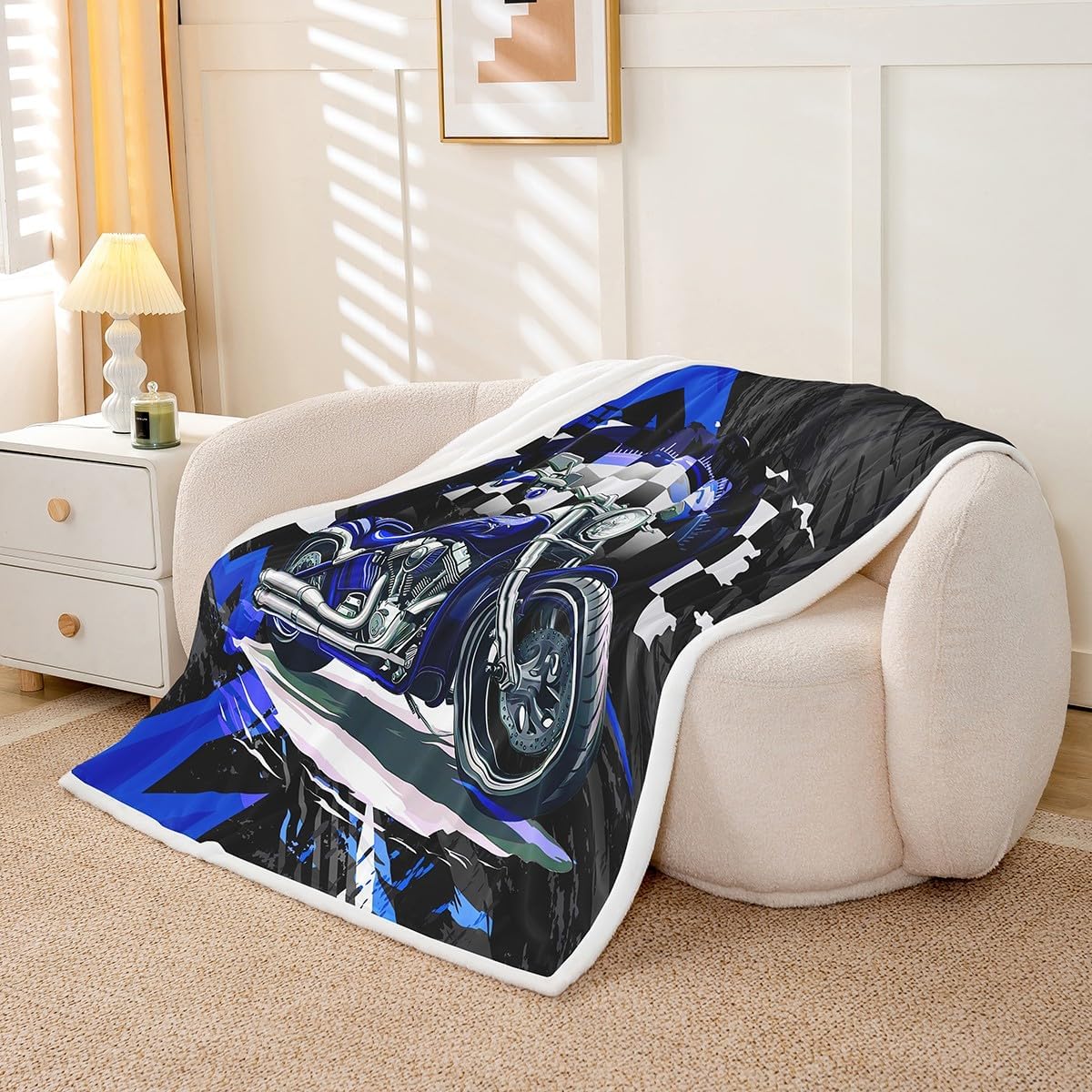 Feelyou Kids Blue Dirt Bike Sherpa Blanket Racing Motocross Plush Blanket for Bed Sofa Couch Motorcycle Fleece Throw Blanket Boys Girls Motorbike Teens Fuzzy Blanket Bedroom Decor Baby 30"x40" image 3