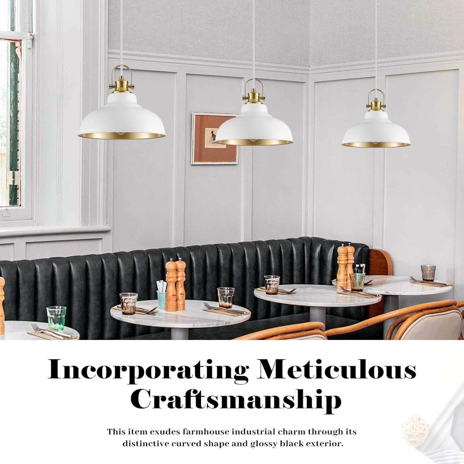 White and Gold Pendant Light, 11.41 Inch Dome Pendant Lights, Industrial Pendant Light Kitchen Island, Farmhouse Pendant Lights 2 Packs, Island Pendant Lights for Kitchen, Dining Room, Living Room 2 Pack Gold+White