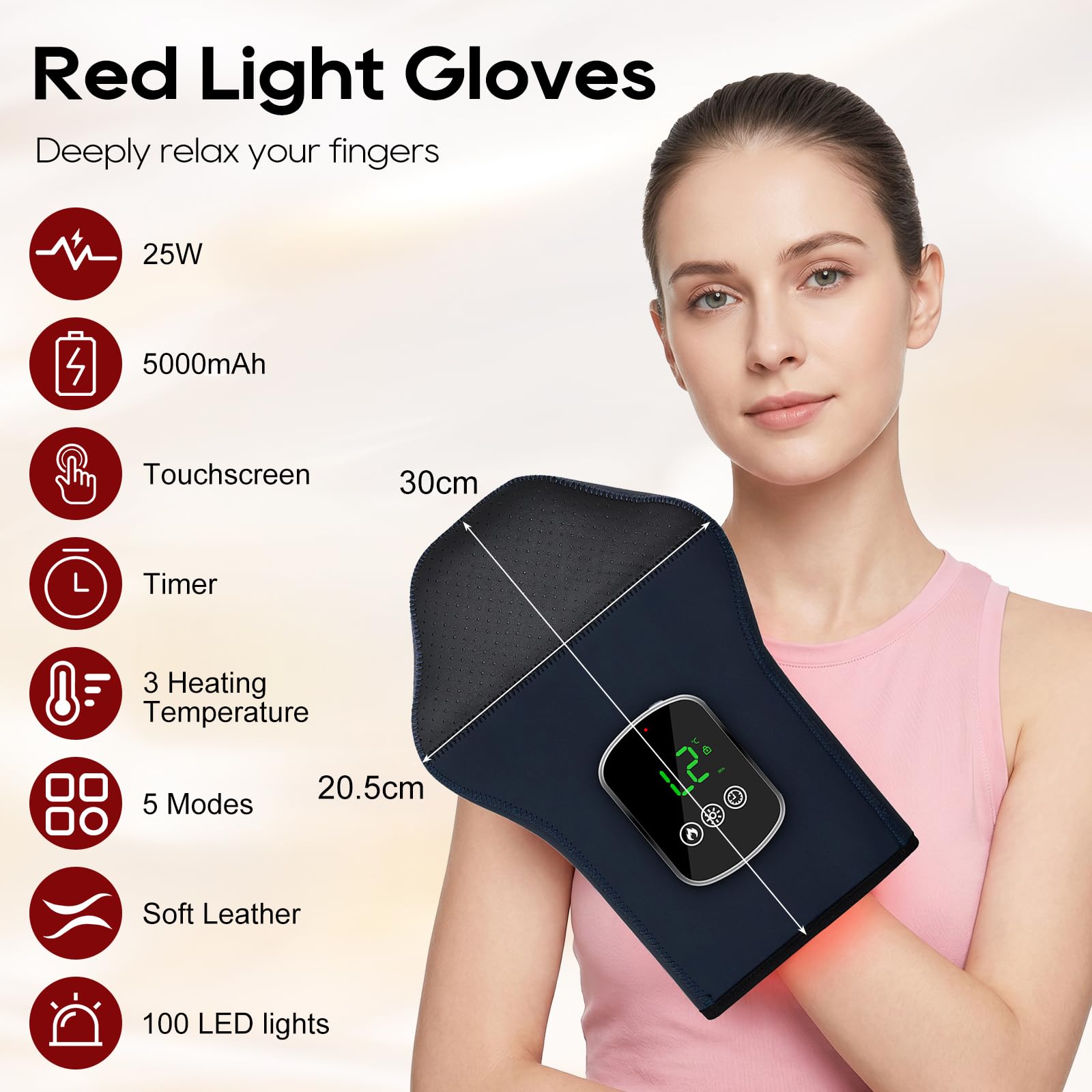 Rotlichtlampe Handschuhe, Rotlichttherapie-Handschuhe für Hände, 100 LEDs 660nm & 850nm, Touchscreen, 5 Modi, 3 Temperaturstufen, Timer-Funktion, Elektrische Handmassagegerät für Hände, Finger