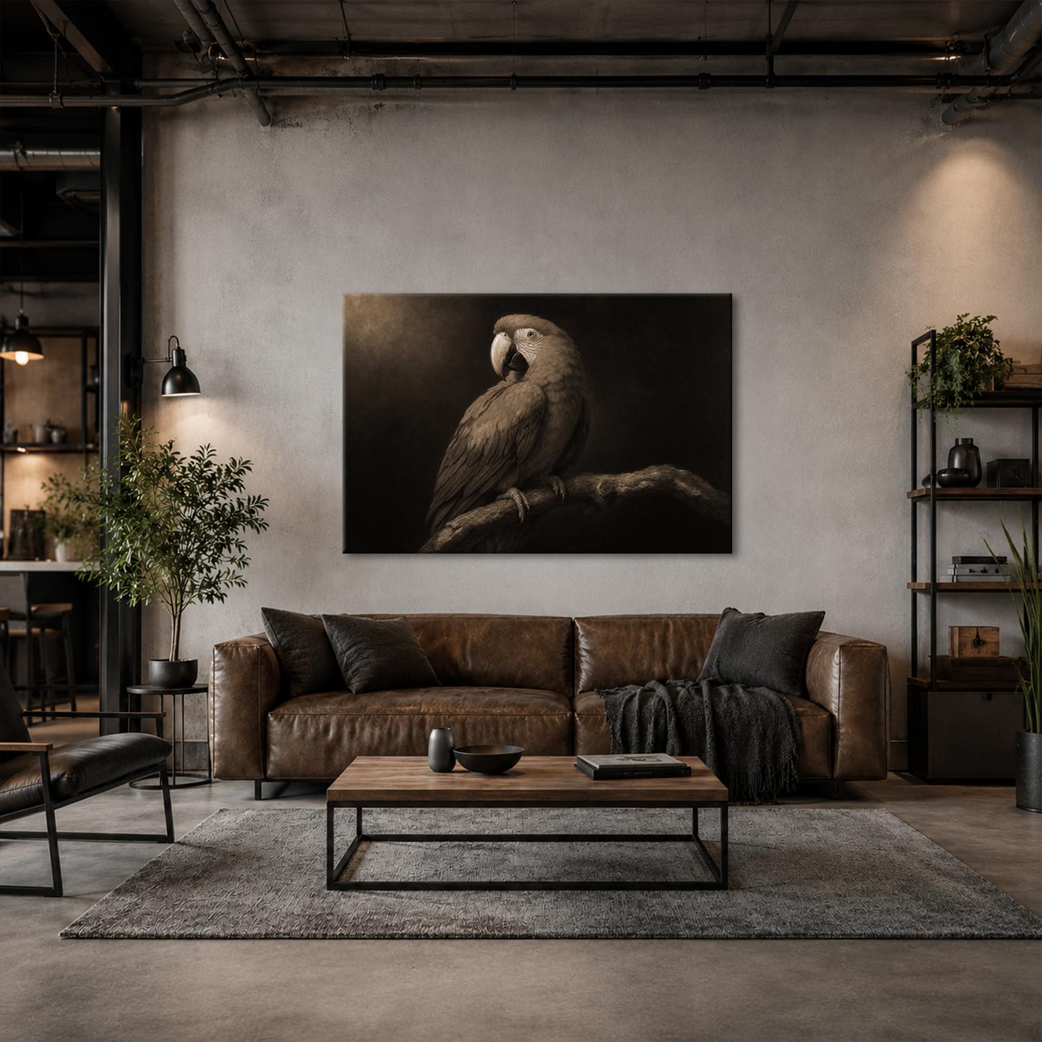 deyoli Obraz na płótnie Kolorowa papuga siedząca na gałęzi 90 x 60 cm Sepia | Format poziomy, jednoczęściowy druk artystyczny XXL, obraz na blejtramie, obraz na płótnie, obraz ścienny, dekoracja salonu