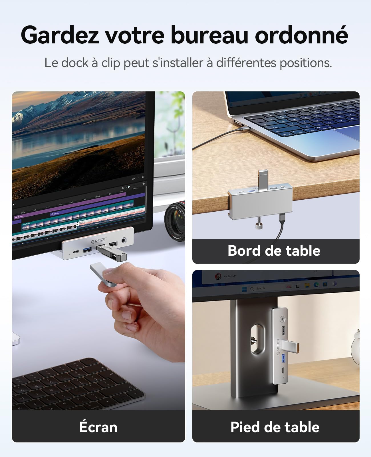 Station d'accueil Clip ORICO, Hub USB-C 8-en-1 avec HDMI 4K@60Hz, PD 100W, Ethernet Gigabit, 4xUSB, AUX, 10Gbps USB C Hub pour Laptop, MacBook, PC (Adaptateur Non Inclus)