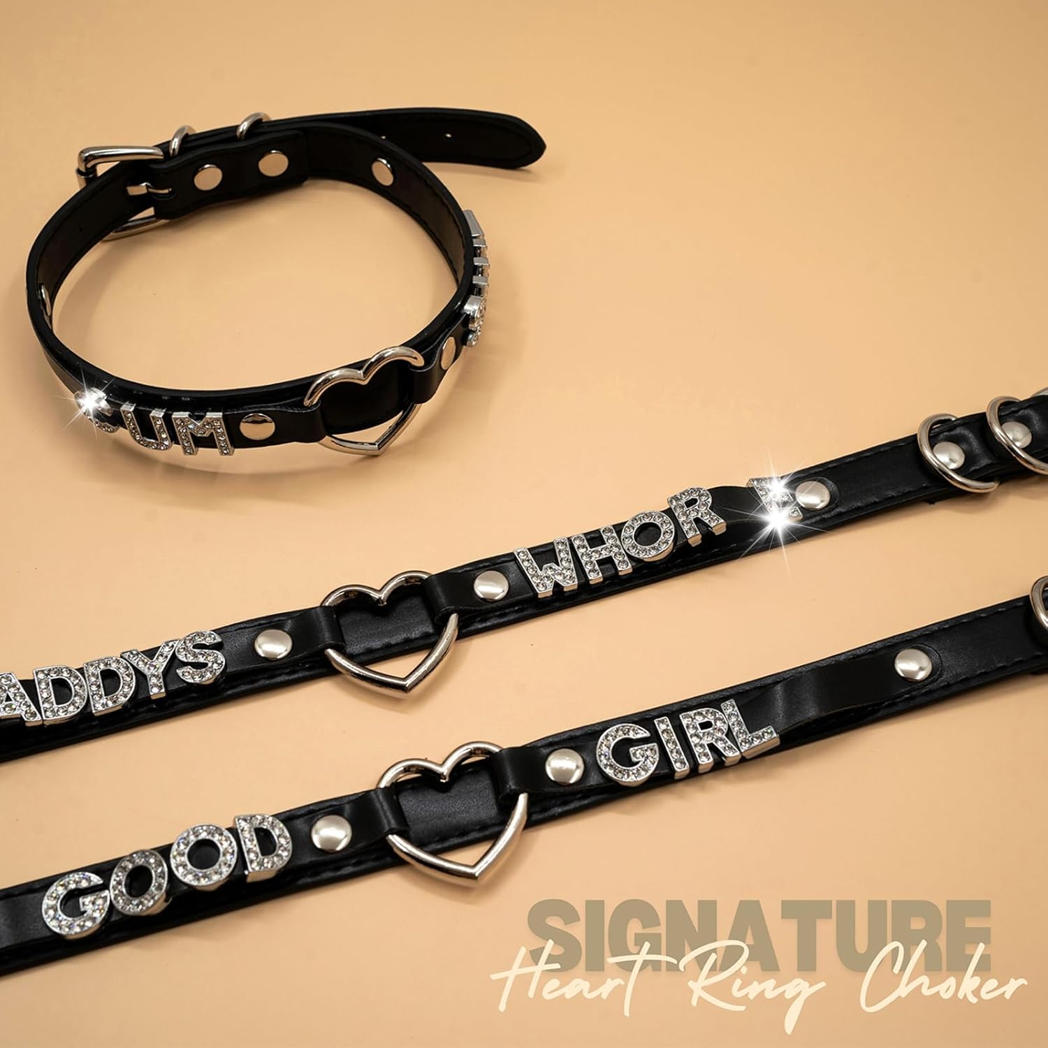 Black Heart O-ring Letter Choker Necklace For Women, Punk Handmade PU Leather Leash Collar Adjustable Gothic Jewelry - Image 7