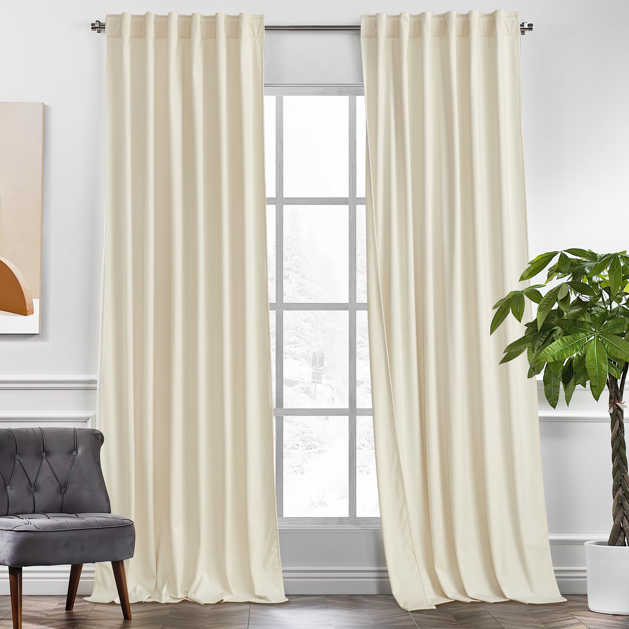 Rideaux occultants salon et chambre velours beige isolation thermique passe-tringle KGORGE