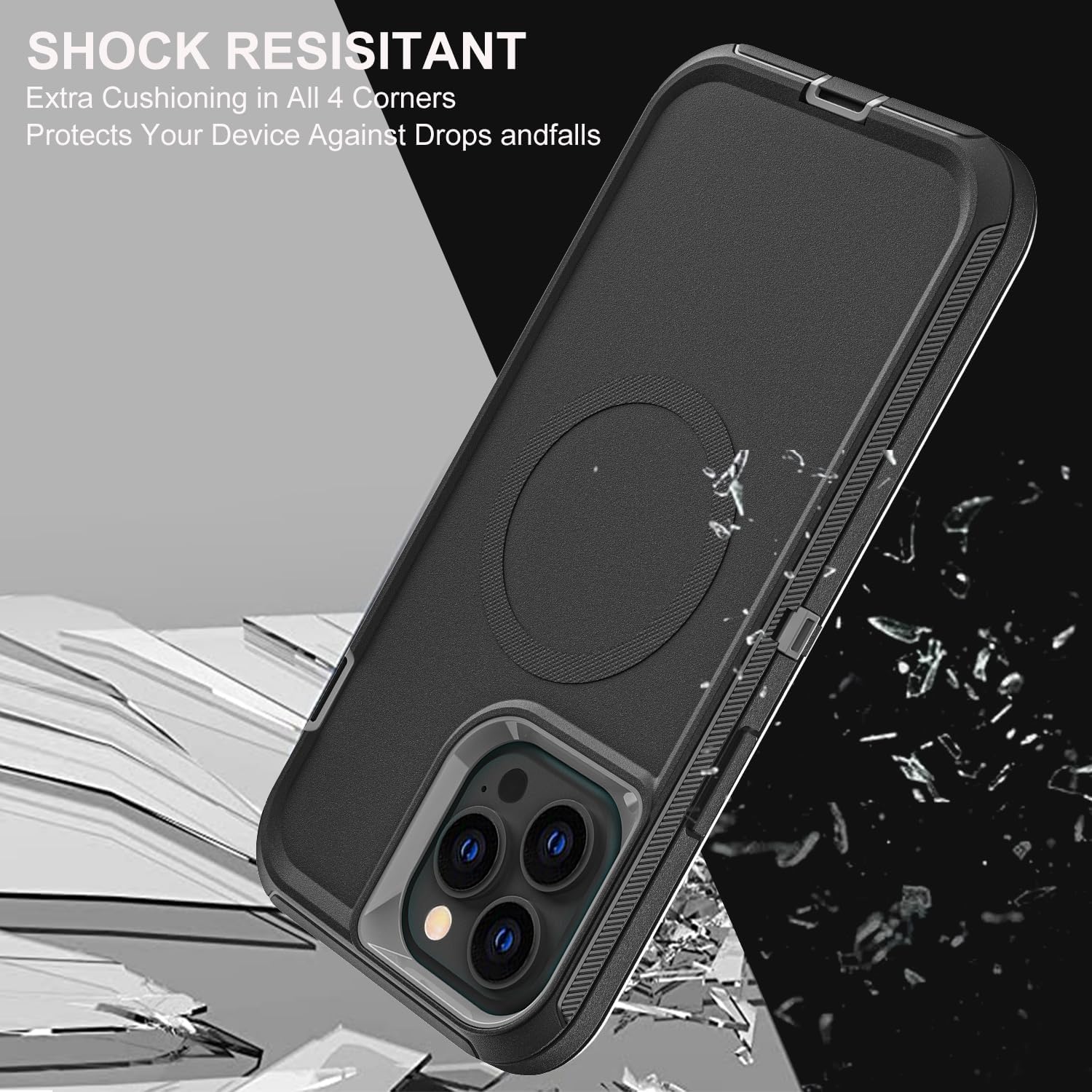 for iPhone 14 Pro Case, Compatible with Magsafe, Military Grade 3 in 1 Heavy Duty Shockproof/Drop Proof/Dust Proof Case with 2Pcs Tempered Glass Screen Protector (New-Black/Grey) - Image 6