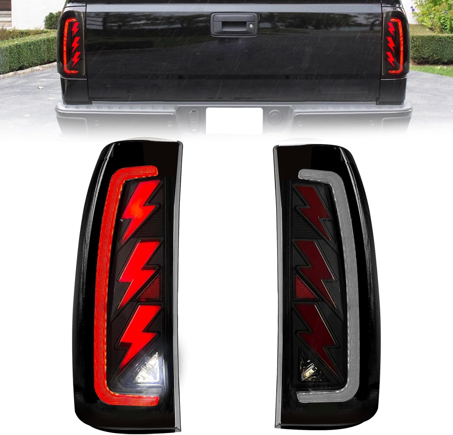 Shocklight LED Tail Lights Compatible With 2003 2004 2005 2006 Chevy Silverado 1500 2500 3500, A Pair Of Tail Lamps With Lightning Shaped Design And Smoked Lens- Driver and Passenger Side