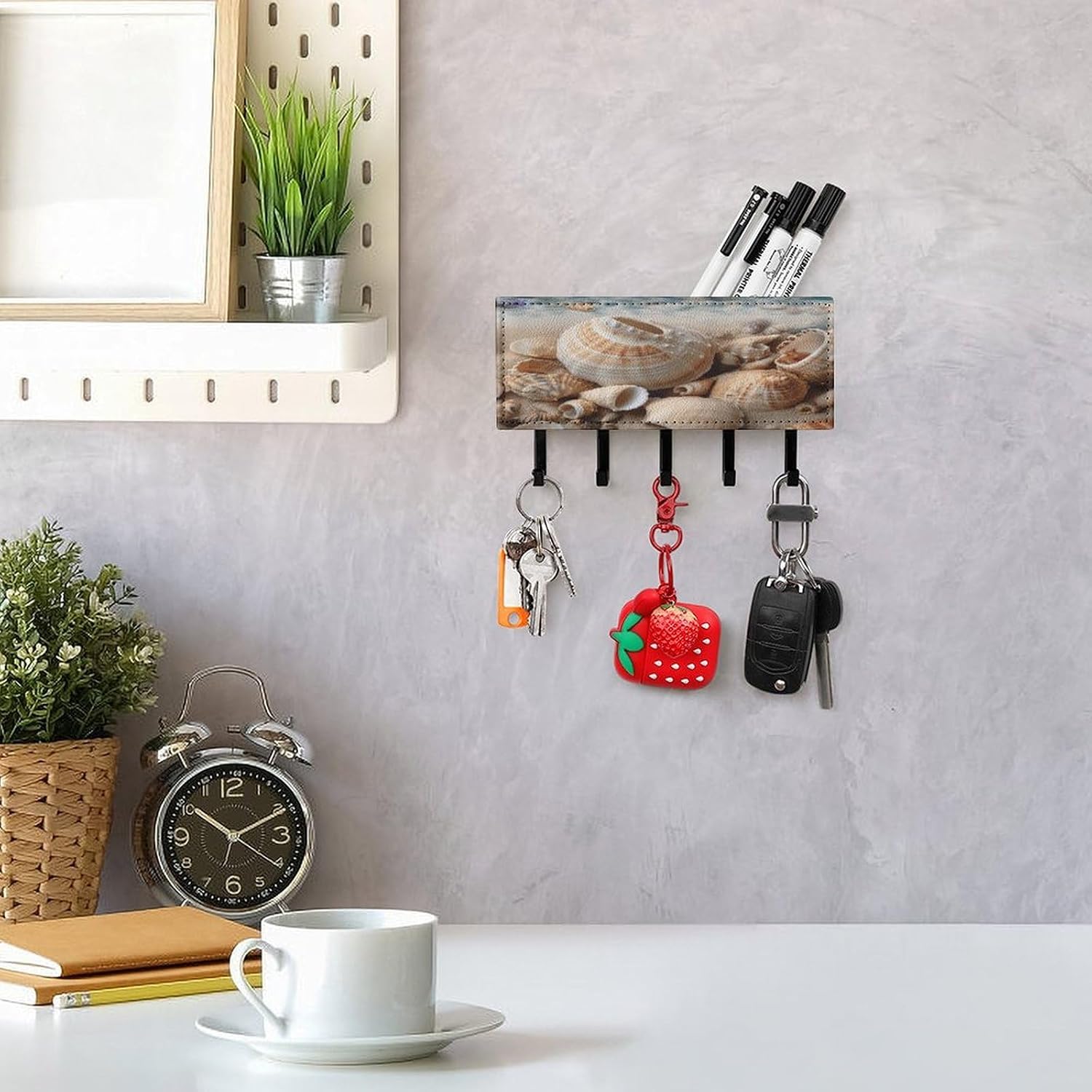 Key Holder Wall Mount Key Hanger with 5 Hooks, Decorative Key Rack | Seashells by The Seashore Hanging Key Hooks with Mail Organizer for Wall Living Room Kitchen Bathroom Hallway