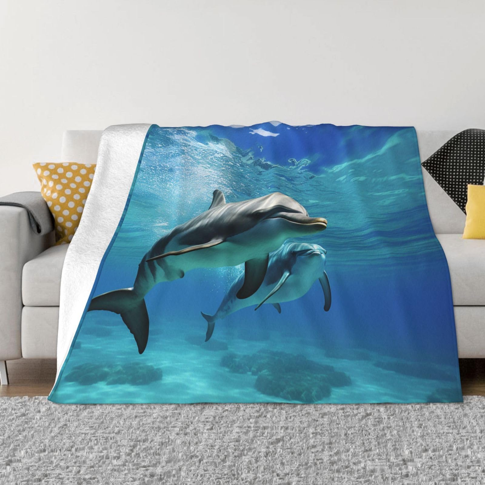Fodpand Black Marine Dolphin Flannel Blanket 50"X40" - Ultra-Soft Lightweight Throw Blanket For Bed, Sofa, And Couch - Luxury Air Conditioning Blankets - Cozy Warm Blankets For All Seasons