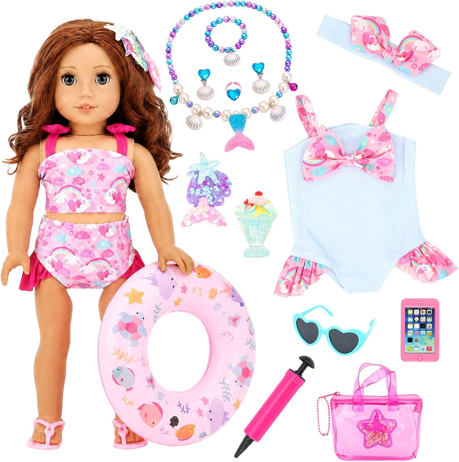 14 Pcs American 18 Inch Doll Summer Swimsuit Outfit Accessories Kit