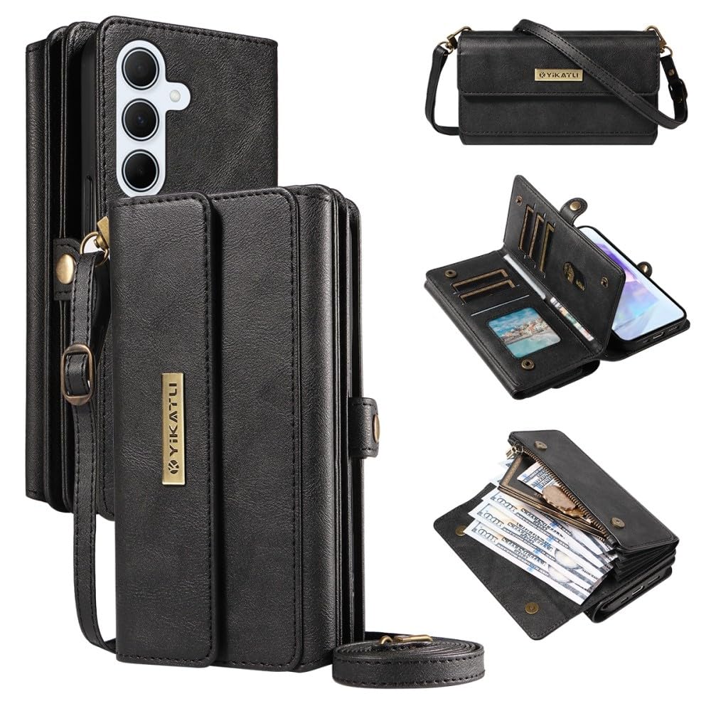 Generic - Funda para Samsung Galaxy A32 5G (color negro) con cremallera de piel con tapa magnética y correa para el hombro