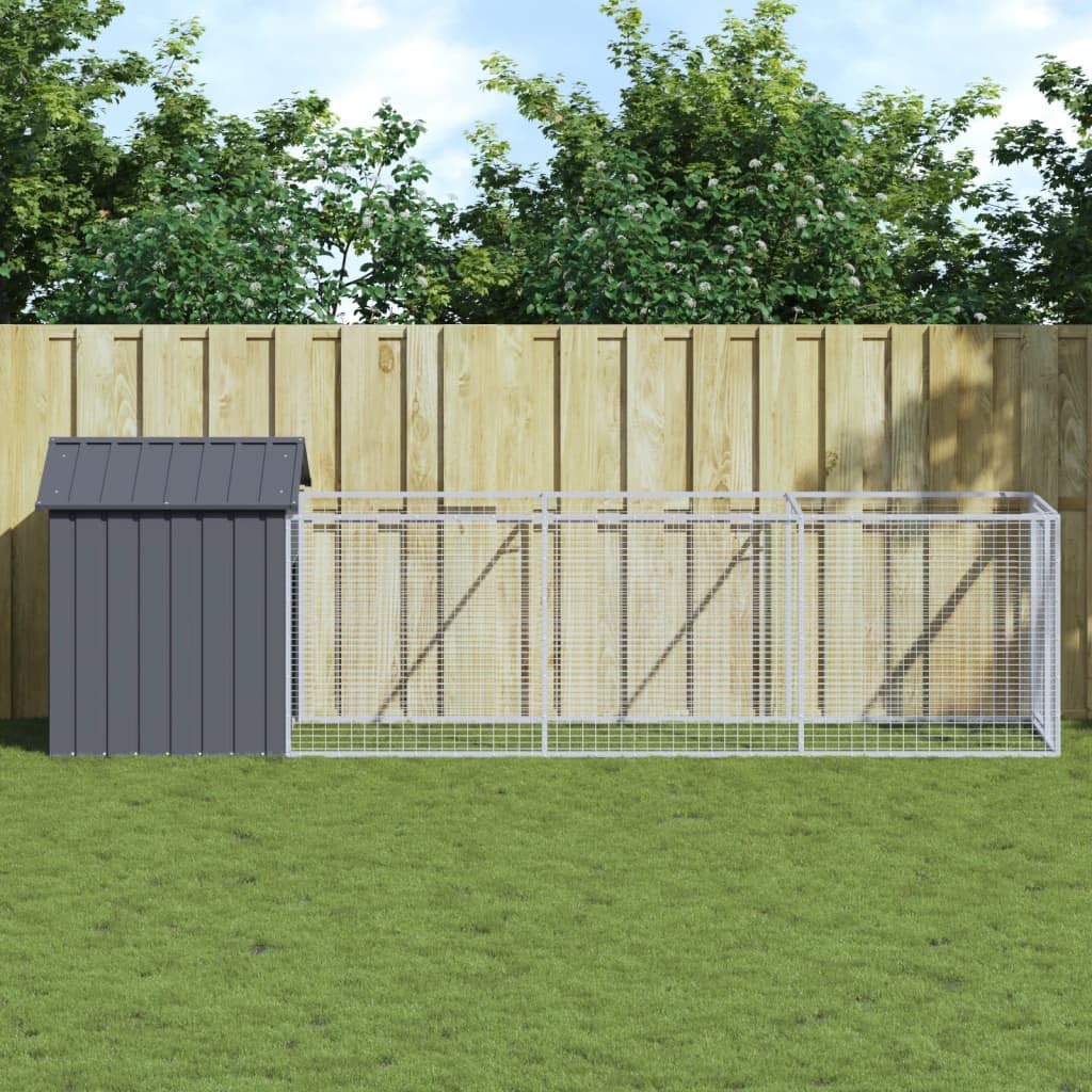 vidaXL Caseta Perros con Tejado, Casa Jaula para Mascotas con Corral, Perrera para Cachorros, Refugio para Animales, Acero Galvanizado Gris