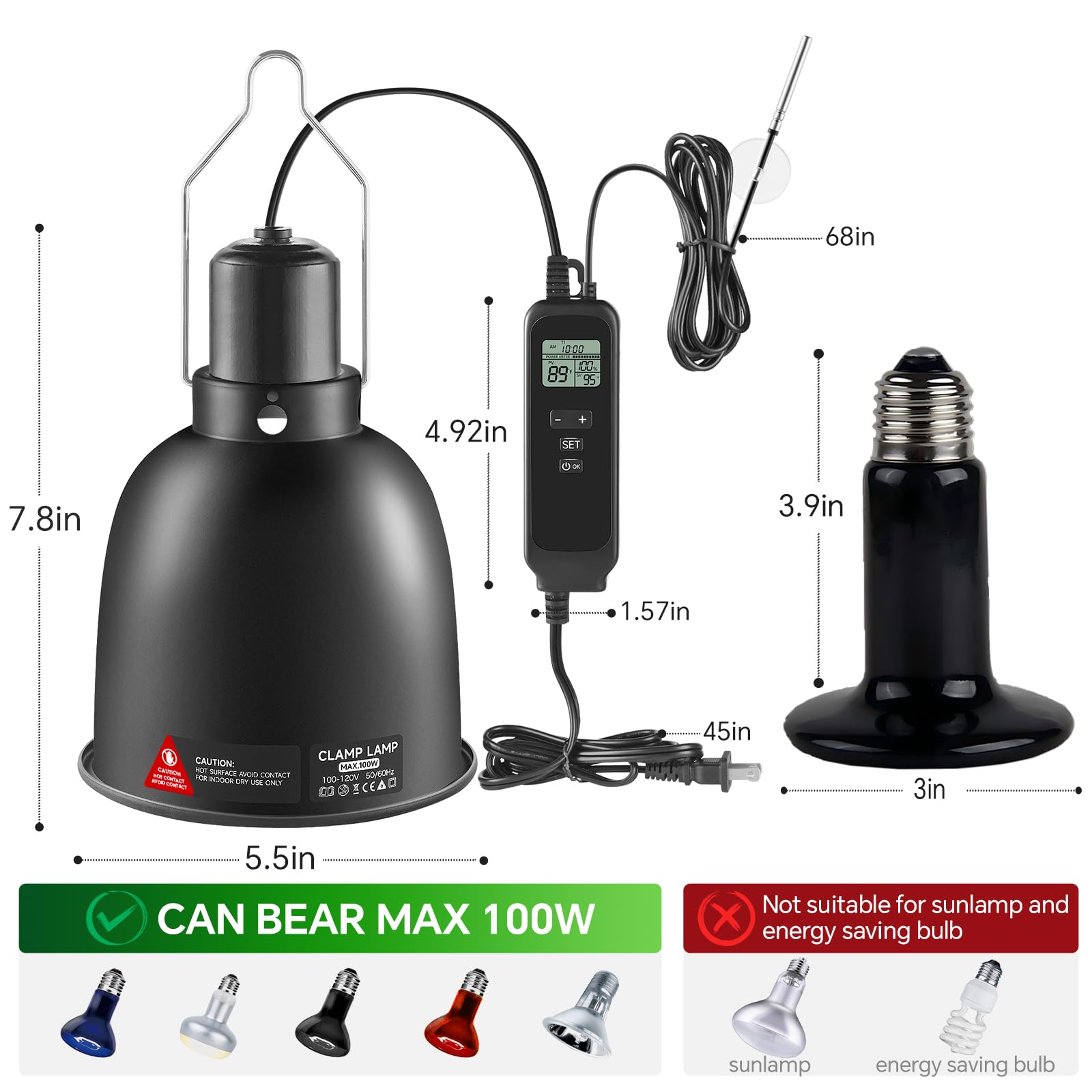 juttilax 5.5 inch Reptile Heat Lamp Fixture with Thermostat and Timer,Reptile Light Fixture with 100W Ceramic Heat Emitter, PID Temperature Controller for UVB Lights, Basking Bulbs and Terrariums - image 3