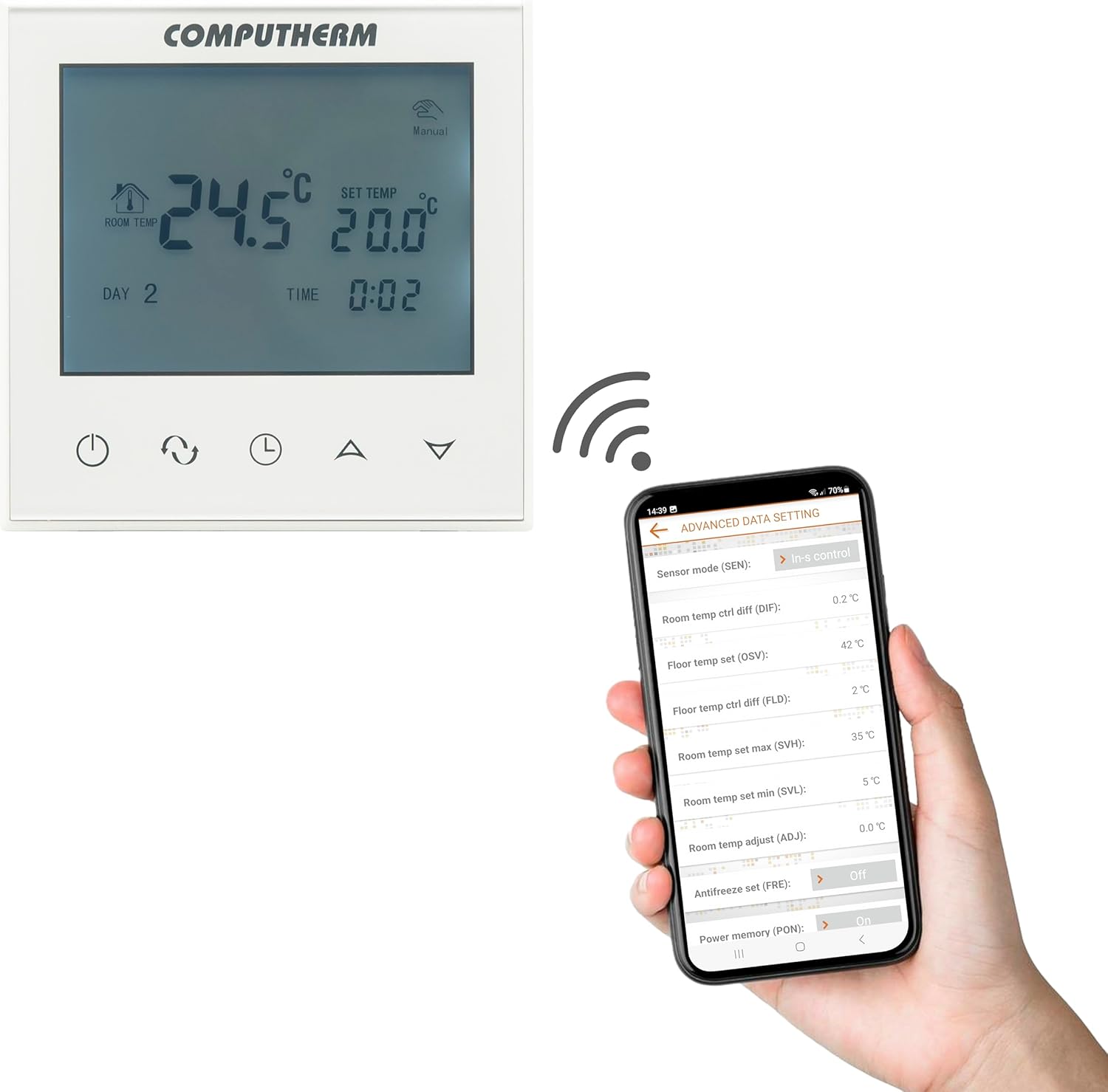 Smartphone app showing advanced settings for Computherm E280 thermostat