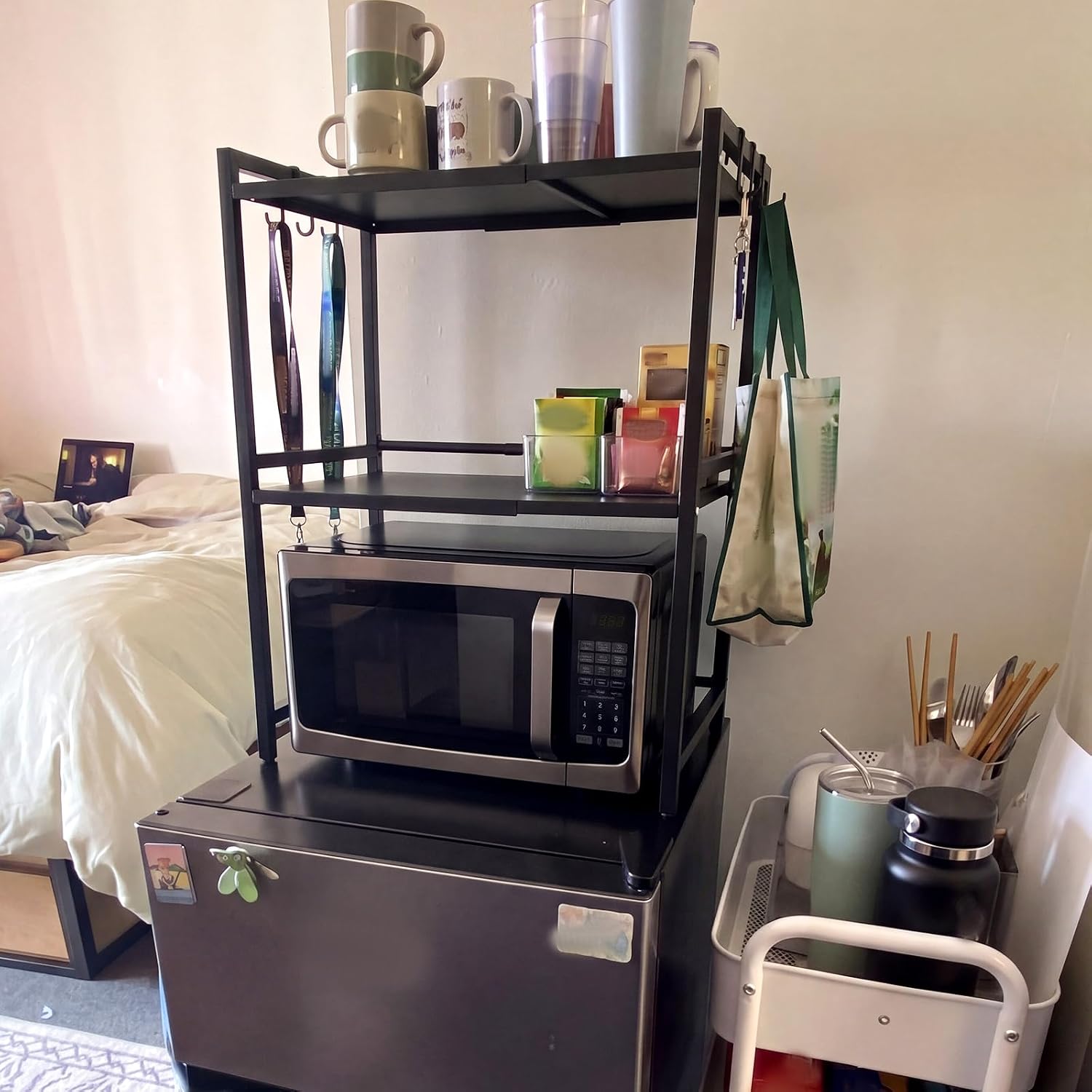Geetery Expandable 2 Tier Mini Fridge Stand with Storage for Dorm Microwave Stand Over Mini Fridge Storage Shelf 15"-26" Kitchen Countertop Organizer with 6 Hooks College Rooms Kitchen