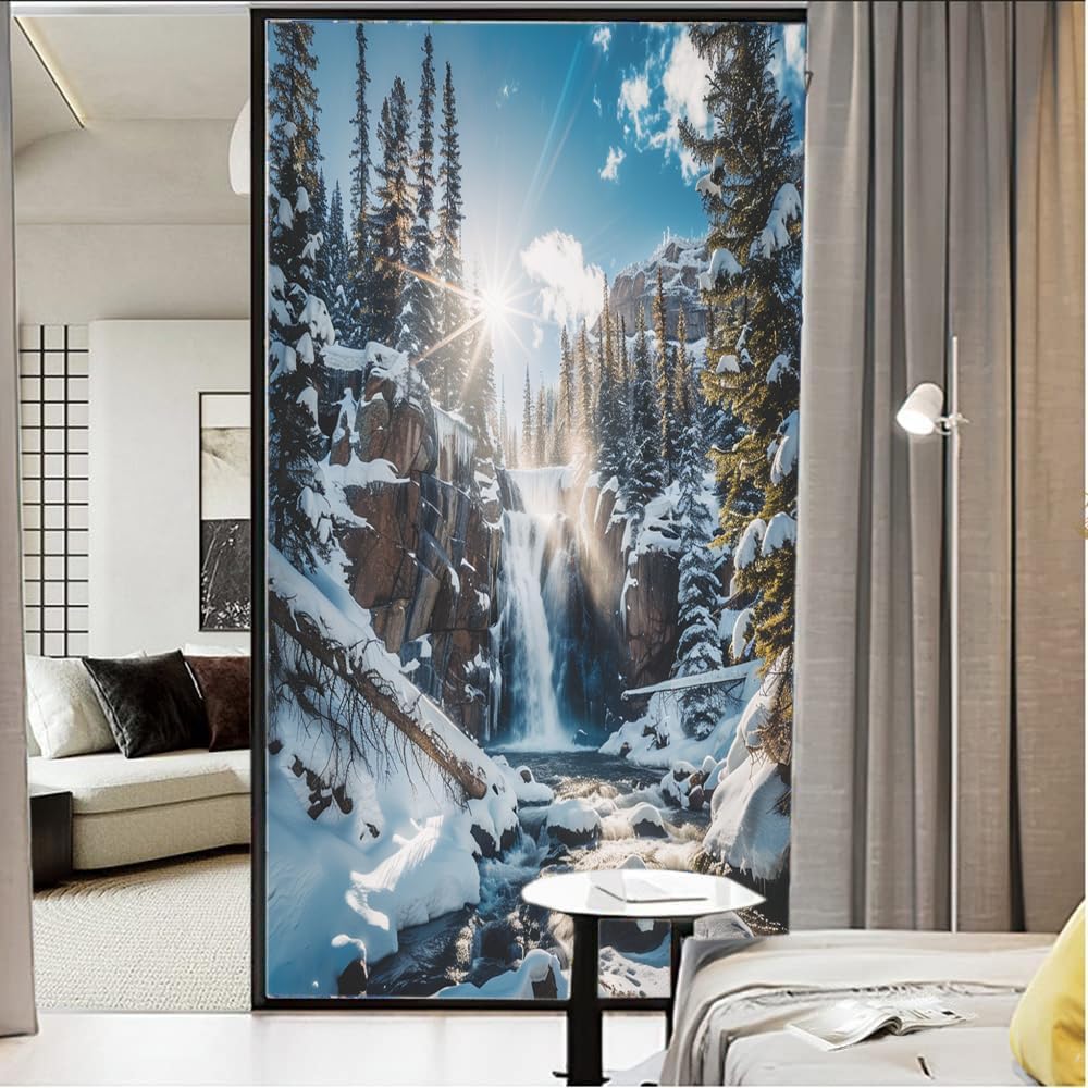 Beautiful Landscape Window Film Privacy Modern Forest Waterfall Winter Sunshine Decorative Stained Glass Decal for Home, Adhesive Window Sticker 31.5Wx55.1L inch