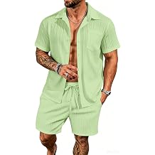 Mens Short Sets 2 Piece Summer Beach Outfits Button Down Texture Pocket Shirts and Shorts Linen Sets