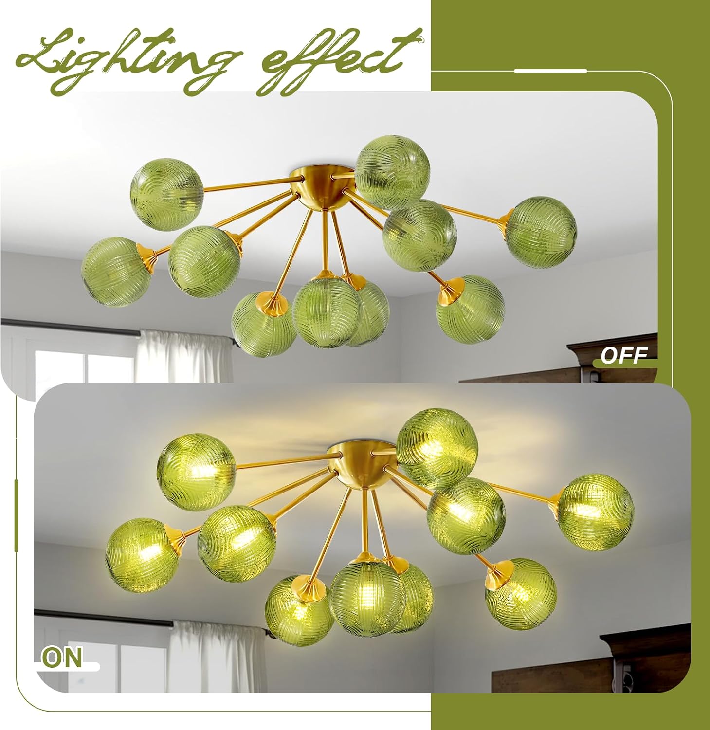 10-Light Gold Sputnik Chandelier, Mid Century Modern Ceiling Light, Green Glass Globes Pendant Lighting Fixture for Dining Room Living Room Kitchen Foyer Entryway Hallway
