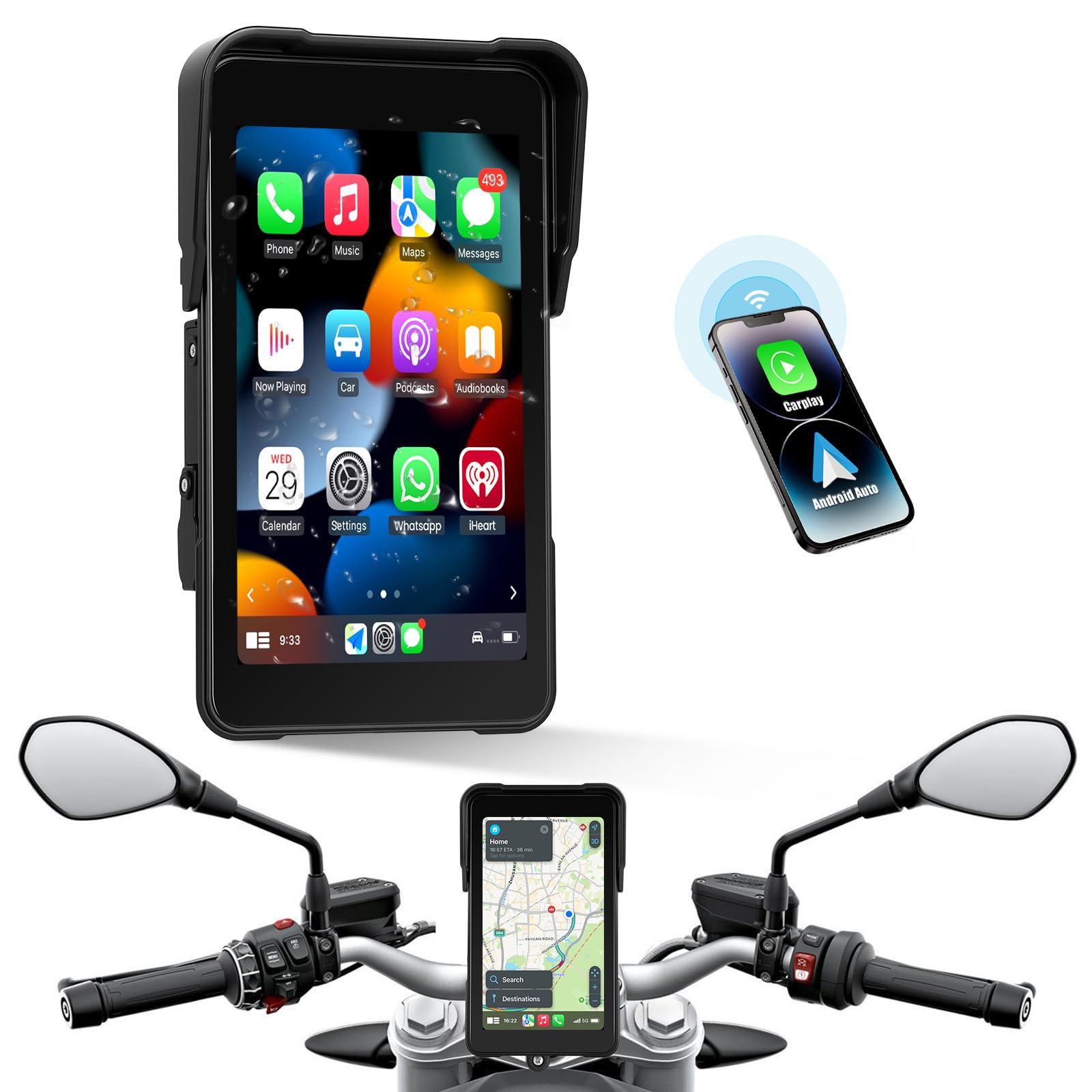 CAMECHO 5 Pollici Carplay Schermo per moto con Wireless Carplay Android Auto IP68 Dispositivi di Navigazione Impermeabili, Display Touchscreen Bluetooth per Moto 12V