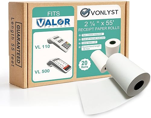 Vonlyst Rollo de papel de recibo para máquina de tarjetas de crédito Valor Paytech VL 110 y VL 500 (20 rollos)