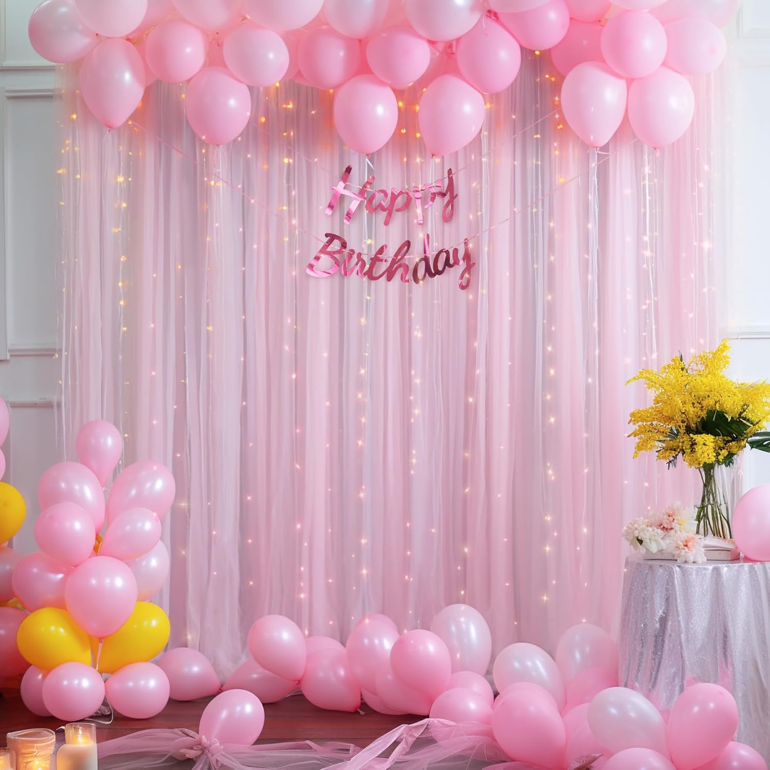 10×8ft Pink Tulle Curtain Backdrop with Lights String for Parites, Sheer Backdrop Curtain Drapes for Wedding Photo Baby Shower Photography Birthday Party 10 ft X 8 ft(2 Panel-5ft X 8ft) Pink