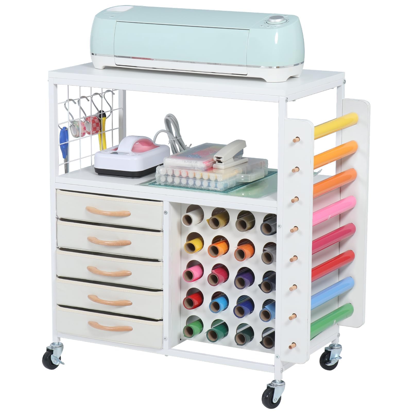 SMONTER Bastelwagen mit 28 Vinylrollenhaltern & 5 Schubladen, Mobiler Rollwagen kompatibel mit Cricut-Maker/Explore, Organizer für Nähatelier und Bastelzimmer, Weiß