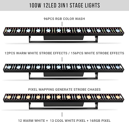 Vista 4 de Barra de luz LED de lavado de escenario – Barra de luz DJ de 40 pulgadas, 100 W, 3 en 1 RGB, haz estroboscópico, efectos de iluminación, aleación