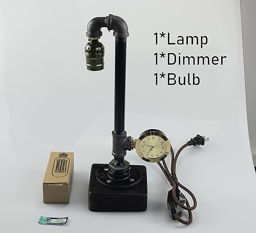Miniatura 5 de Lámpara Steampunk con atenuador, regulable estilo loft industrial vintage estilo antiguo luz con bombilla, base de madera con tuberías de hierro,