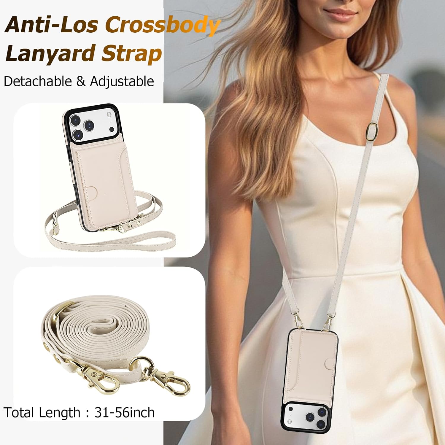 LOHASIC for iPhone 17 Pro Max Wallet Case with Strap, Detachable Crossbody Lanyard & Wrist Strap, RFID Blocking 4 Card Slots & 1 Cash Slot Card Holder Leather Case Cover for Women -Ivory White