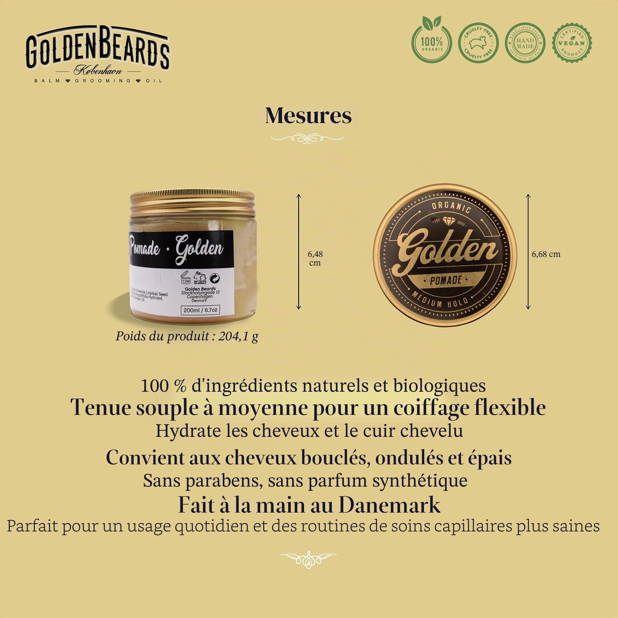200 ml Pommade pour cheveux, Bio et naturelle à base d’huile et de cire. Fabrication artisanale en provenance du Danemark. Brillance parfaite pour vos cheveux courts ou longs. Fixation Moyenne
