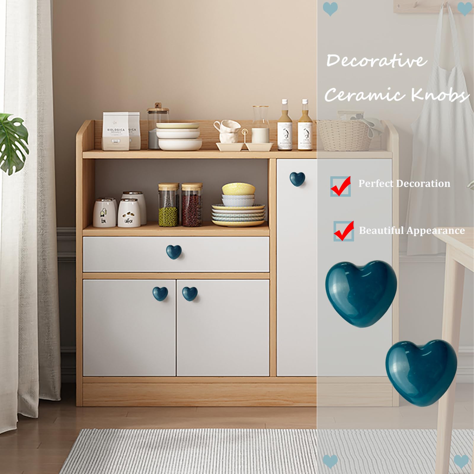 Mimhooy 4 Pack Teal Ceramic Heart Shaped Drawer Knobs for Cabinets Cupboards & Draws - Decorative - Image 4