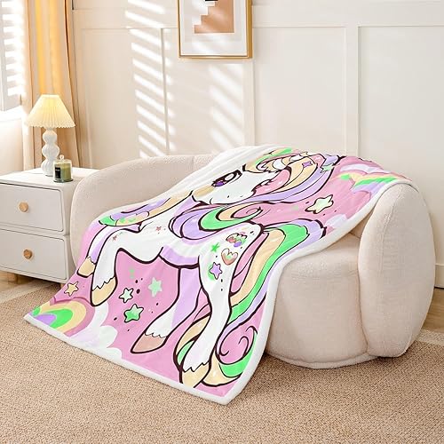 Miniatura 3 de Rainbow Stars Cloud Bed Blanket,Cartoon Unicorn Flannel Blanket for Room Decor,Pink Purple Romantic Fleece Blanket for Kids Adults Sofa Dorm
